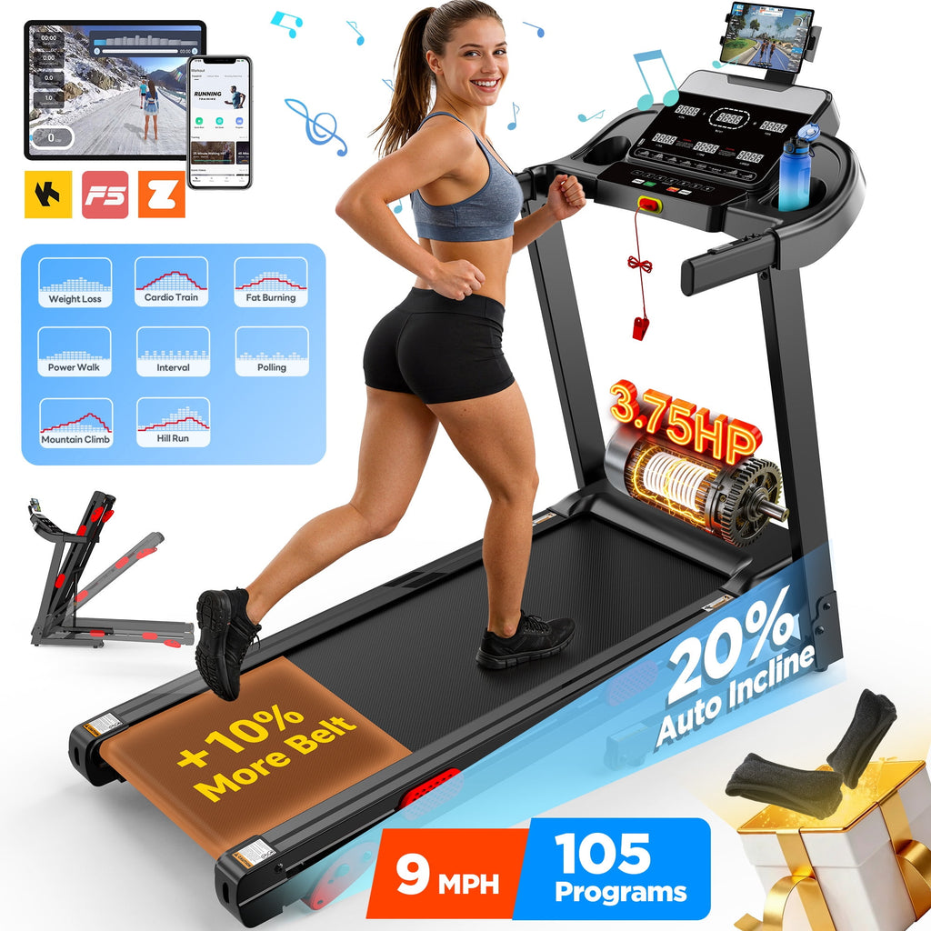 MAJUNES 3.75HP Folding Treadmill for home W/Speaker, Dual Control Modes: Console & App Control, large Display Screen,105 Programs, 9MPH, 300LBS, Walking Running Exercise treadmill