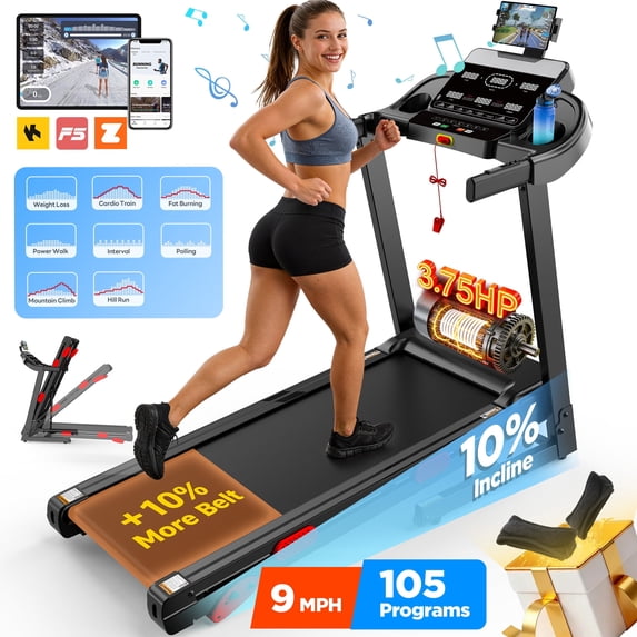 FaayFian 3.75HP Folding Treadmill for home W/Speaker, Dual Control Modes: Console & App Control, large Display Screen,105 Programs, 9MPH, 300LBS, Walking Running Exercise treadmill