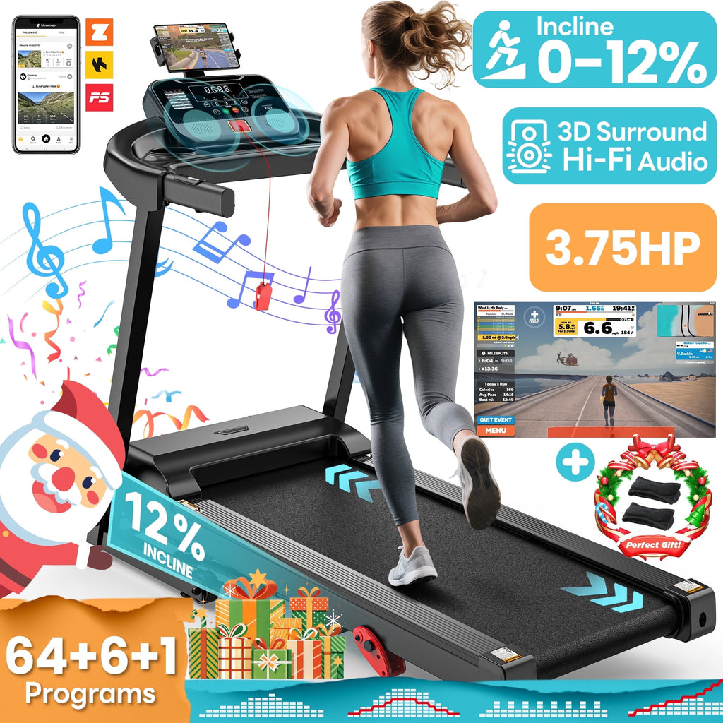 Famistar 3.75HP Treadmill 300lb Capacity, Incline Folding Treadmill, 64+7 Smart Program, 7.5MPH Speed, Smart APP Control, Treadmill for Home Jogging Walking w/ HiFi Speakers, Free Knee Pads