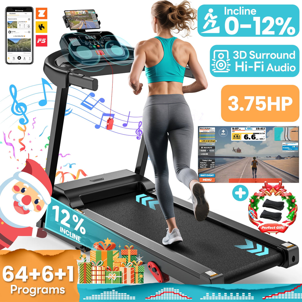 Famistar 3.75HP Treadmill 300lb Capacity, Incline Folding Treadmill, 64+7 Smart Program, 7.5MPH Speed, Smart APP Control, Treadmill for Home Jogging Walking w/ HiFi Speakers, Free Knee Pads