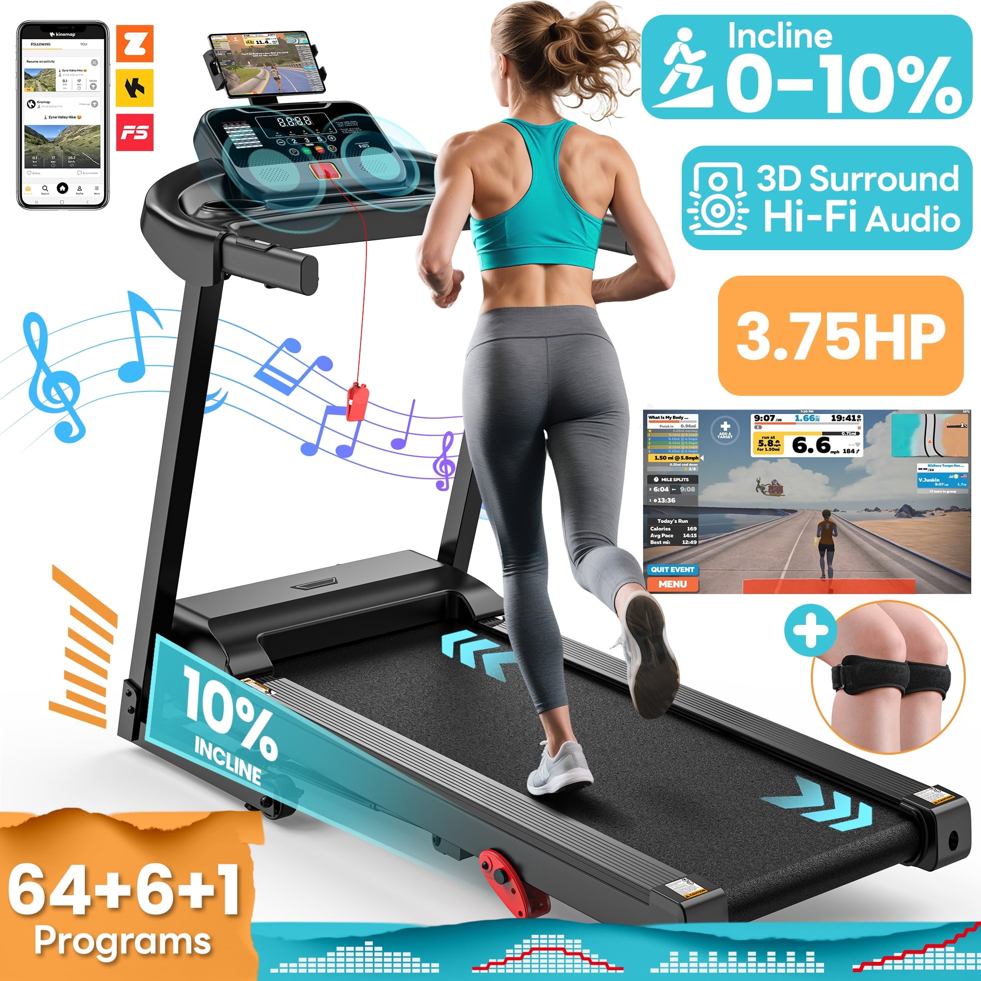 Famistar 3.75HP Treadmill 300lb Capacity, Incline Folding Treadmill, 64+7 Smart Program, 7.5MPH Speed, Smart APP Control, Treadmill for Home Jogging Walking w/ HiFi Speakers, Free Knee Pads