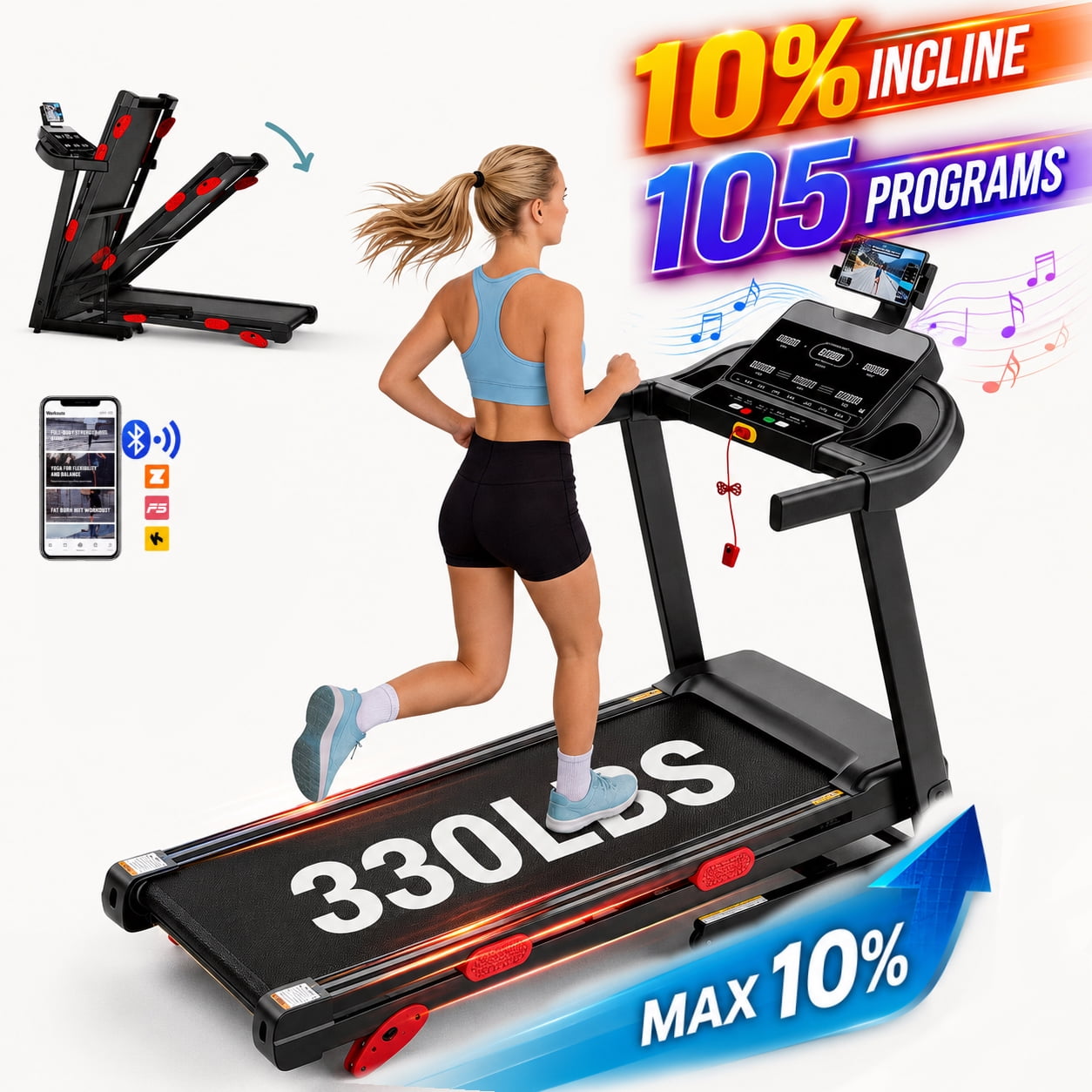 FaayFian 3.75HP Treadmill with Incline10%, 5-Layer Belt 330LBS Capacity Tredmill Foldable Handle Running Treadmills for Home, 0.6-9MPH, Folding Treadmill LED with APP exercise treadmill for small space