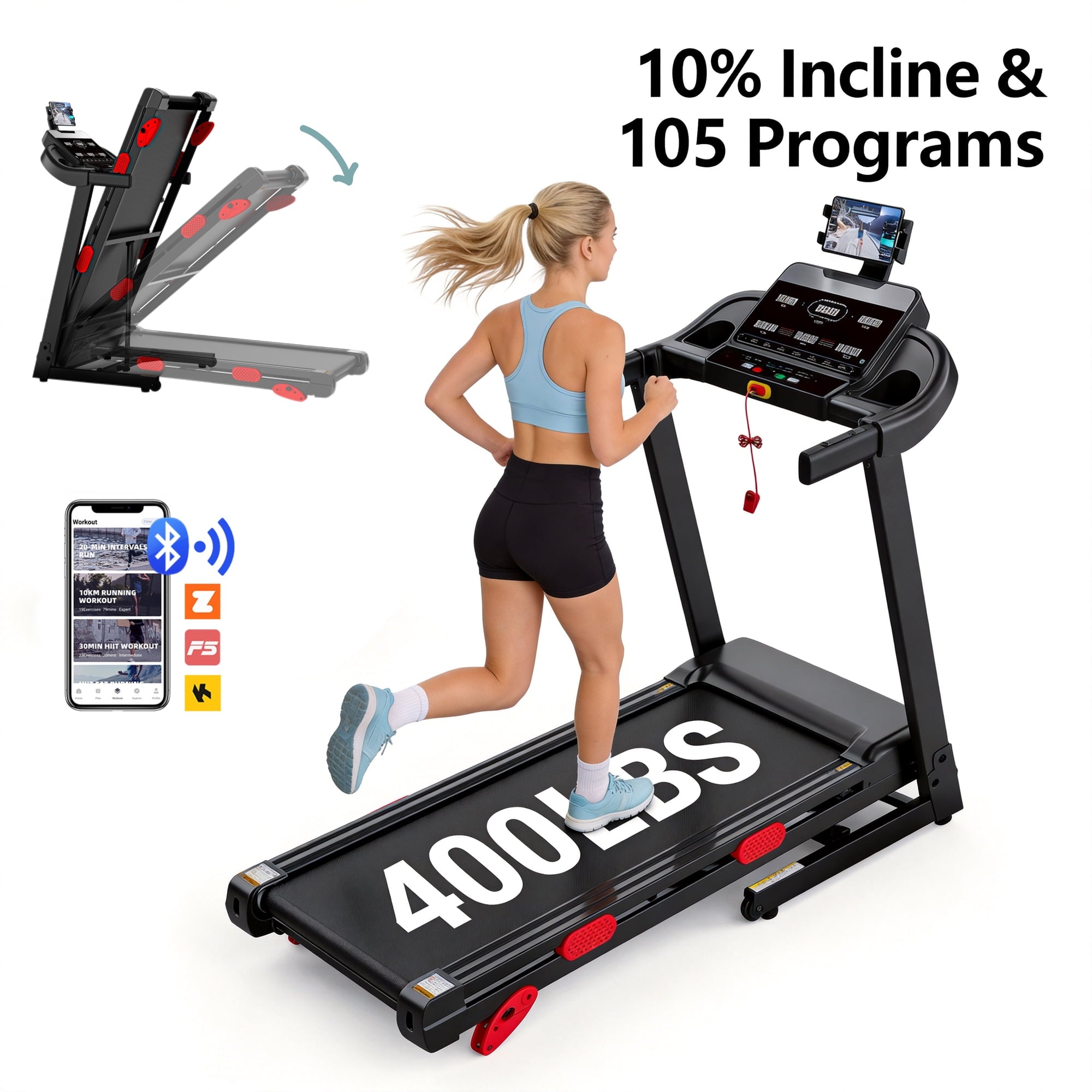 Campmoy 3.75HP Treadmill with Incline10%, 5-Layer Belt 330LBS Capacity Tredmill Foldable Handle Running Treadmills for Home, 0.6-9MPH, Folding Treadmill LED with APP exercise treadmill for small space