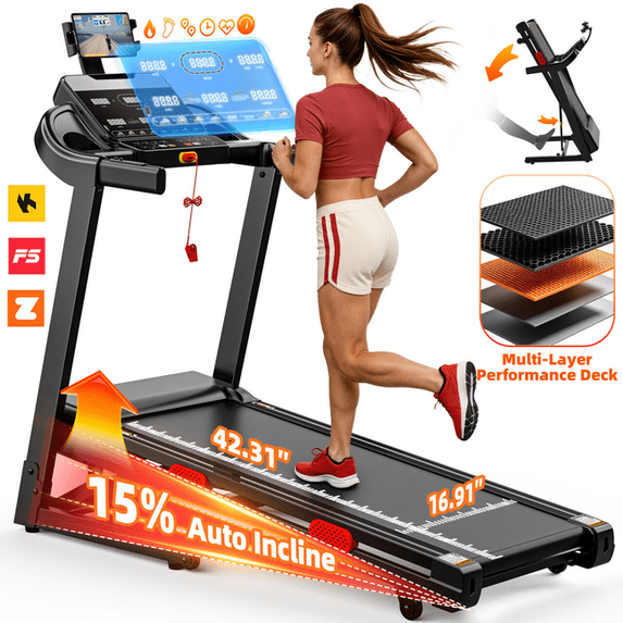 WNANEEZ 3.8 HP Electric Folding Treadmill – 15% Incline, 330 LB Capacity, Bluetooth App, 105 Programs – Home Gym & Apartment Cardio for Adults & Seniors