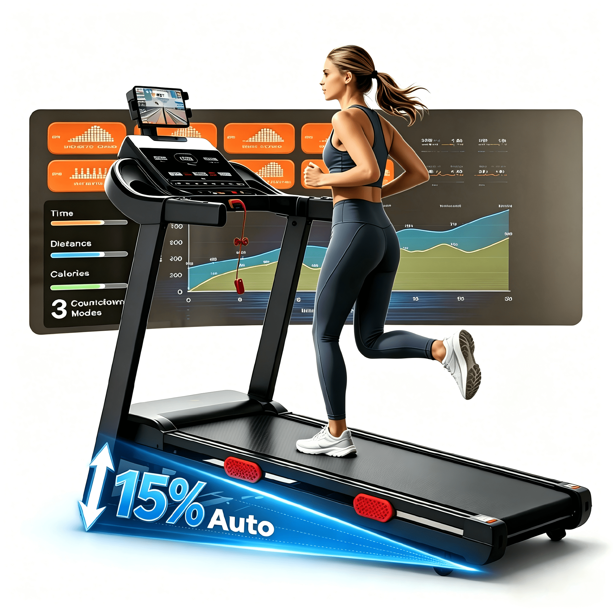 Qvamodo 3.8 HP Smart Folding Treadmill for Home with Incline - Extra LargeLED Screen, 9.0MPH Max Speed, Bluetooth Speaker, 330LBS Capacity, Home Office Treadmills for Running Jogging Walking