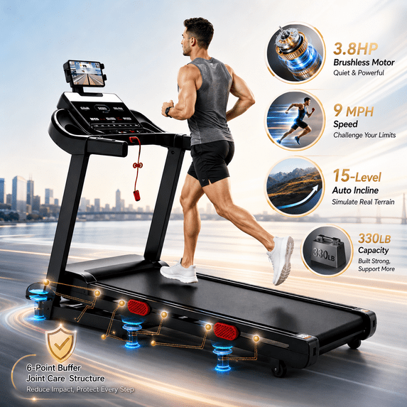 WNANEEZ 3.8HP Auto Incline Folding Treadmill, 9 MPH Speed, 330 LBS Capacity, 15 Level Incline with 105 Programs for Home Apartment Daily Cardio Workout