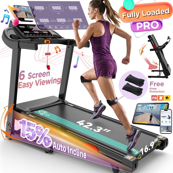 FaayFian 3.8HP Folding Treadmill, 300-330lb Capacity, 15 Levels Auto Incline Treadmills for Home Running and Walking Max 9 MPH Speed Foldable ElectronicTreadmill Running Machine with APP & Bluetooth