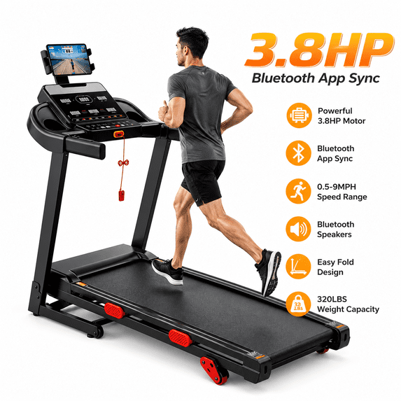 FaayFian 3.8HP Folding Treadmill for Home, 15-Level Auto Incline Running Machine, 9 MPH Speed, 105 Programs, Bluetooth App, LED Display, 330 LB Capacity
