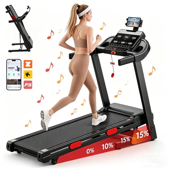 AQUGOKS 3.8HP Folding Treadmill for Home, 300lbs Capacity Large Foldable with Auto Incline, App, Bluetooth Speakers, and 6 independent LED Displays
