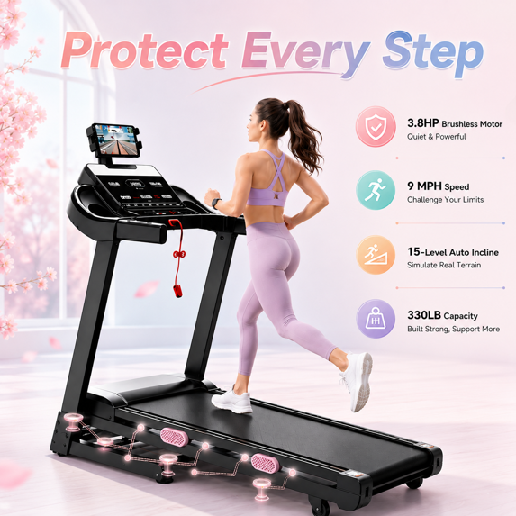 WNANEEZ 3.8HP Folding Treadmill with 15-Level Auto Incline, 330 LBS Capacity – Compact Home Running Machine with 9 MPH Speed, 105 Programs & Bluetooth App
