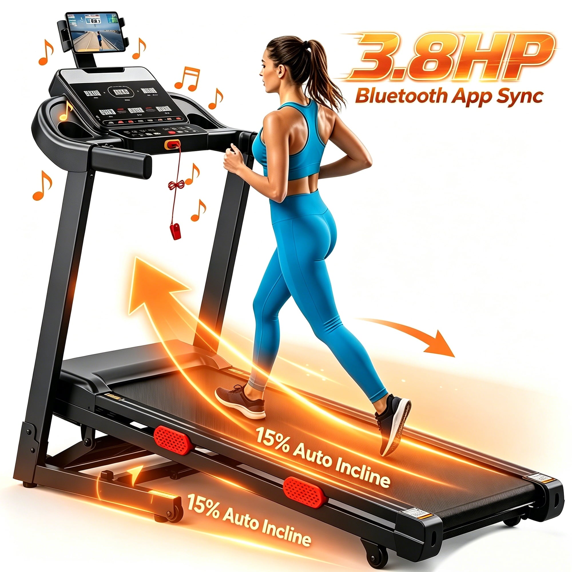 FaayFian 3.8HP Treadmill for Home, Foldable Treadmill with 0-15% Auto Incline, Portable Treadmill Compact Foldable Walking Pad Treadmills with 7.5 MPH Speed, 300-330lbs Capacity