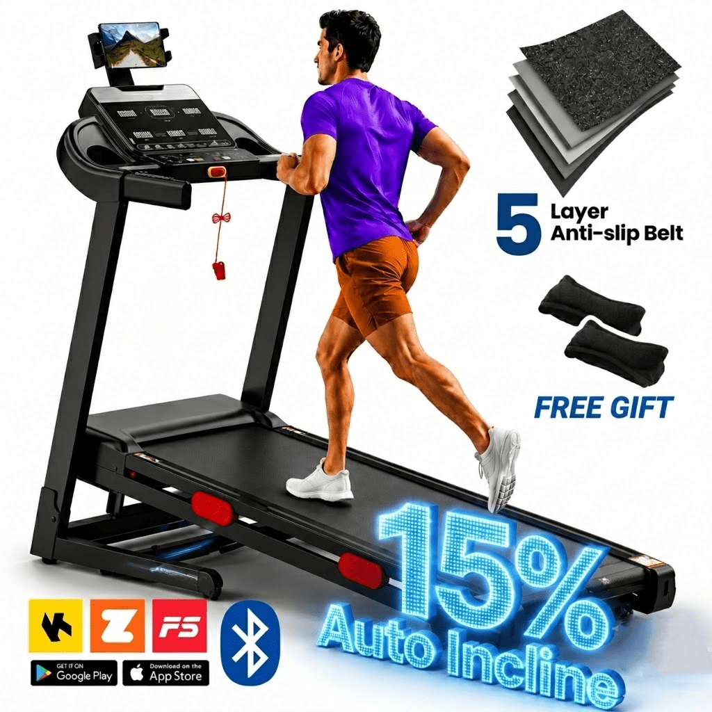 AQUGOKS 3.9HP Folding Treadmill for Home & Office, 15% Auto Incline, 0.6-9 MPH, 105 Programs, 350 lbs Capacity, 17.1"x42.5" Belt, APP Enabled Running Machine