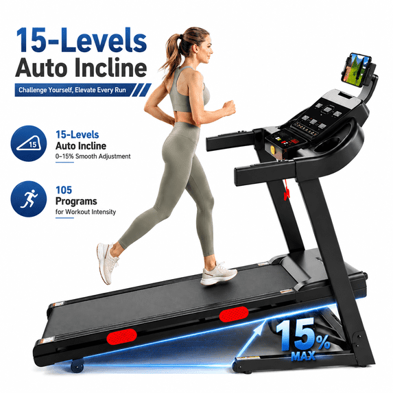 OXIBYPU 3.9HP Treadmill with 15-Levels Auto Incline for Home, 9MPH Smart Electric Treadmill with APP Control, Walking Running Folding Treadmill Exercise Machine, 95+10 Programs, 330LBS Capacity