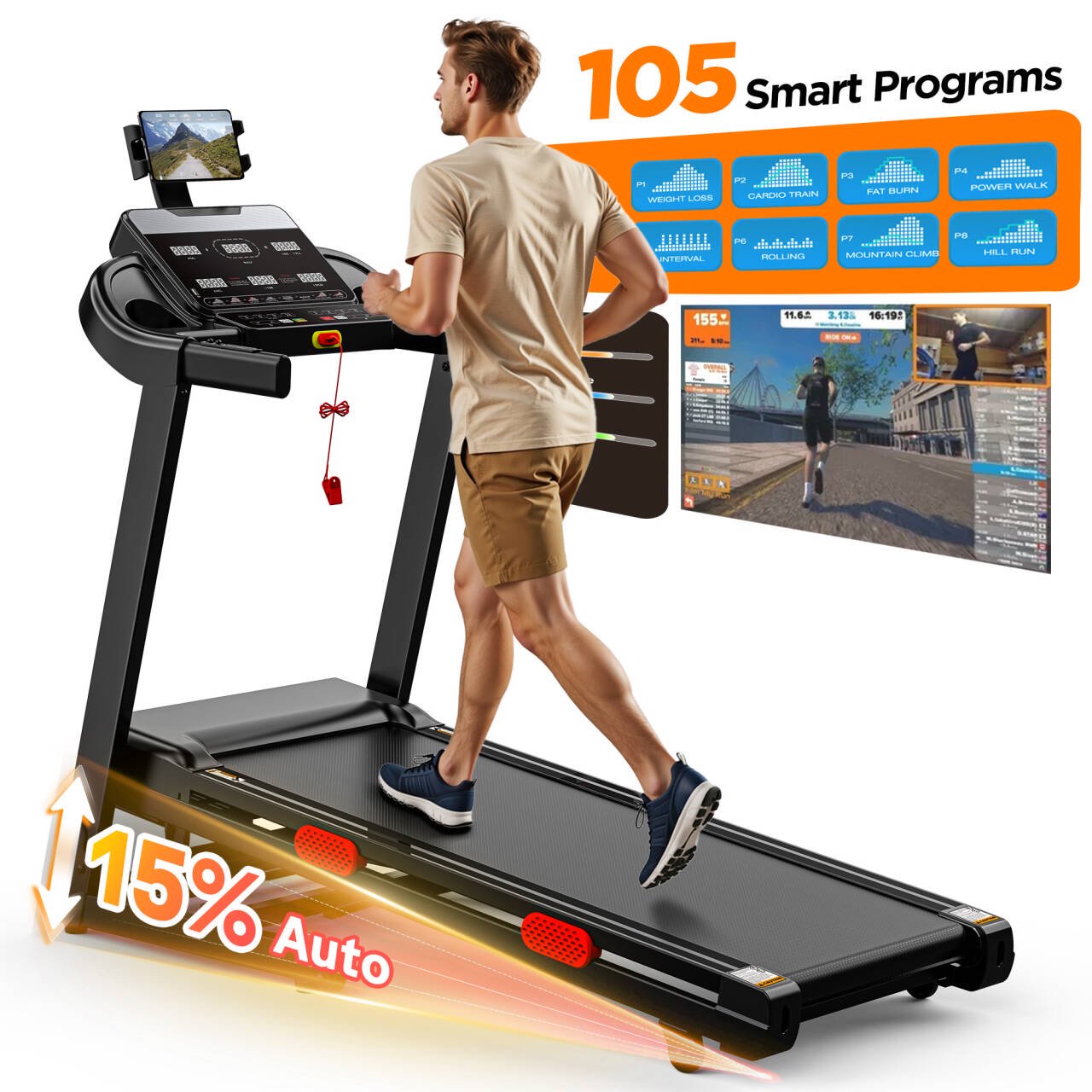AQUGOKS 3.9HP Treadmill w/ 15% Auto Incline for Home, 340LBS Folding Treadmill w/ 9MPH Fast Speed, 6 Screens LCD Display, 42.3" Wide Running Belt,APP Bluetooth Control,Cushioned Jogging Walking Treadmill