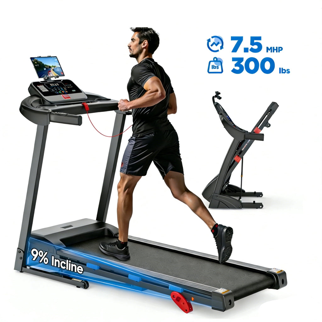 FaayFian 3HP Treadmill Manual Incline, Folding Treadmill for Home with LCD Monitor 300lbs 7.5 mph Speed Range, Bluetooth Speakers