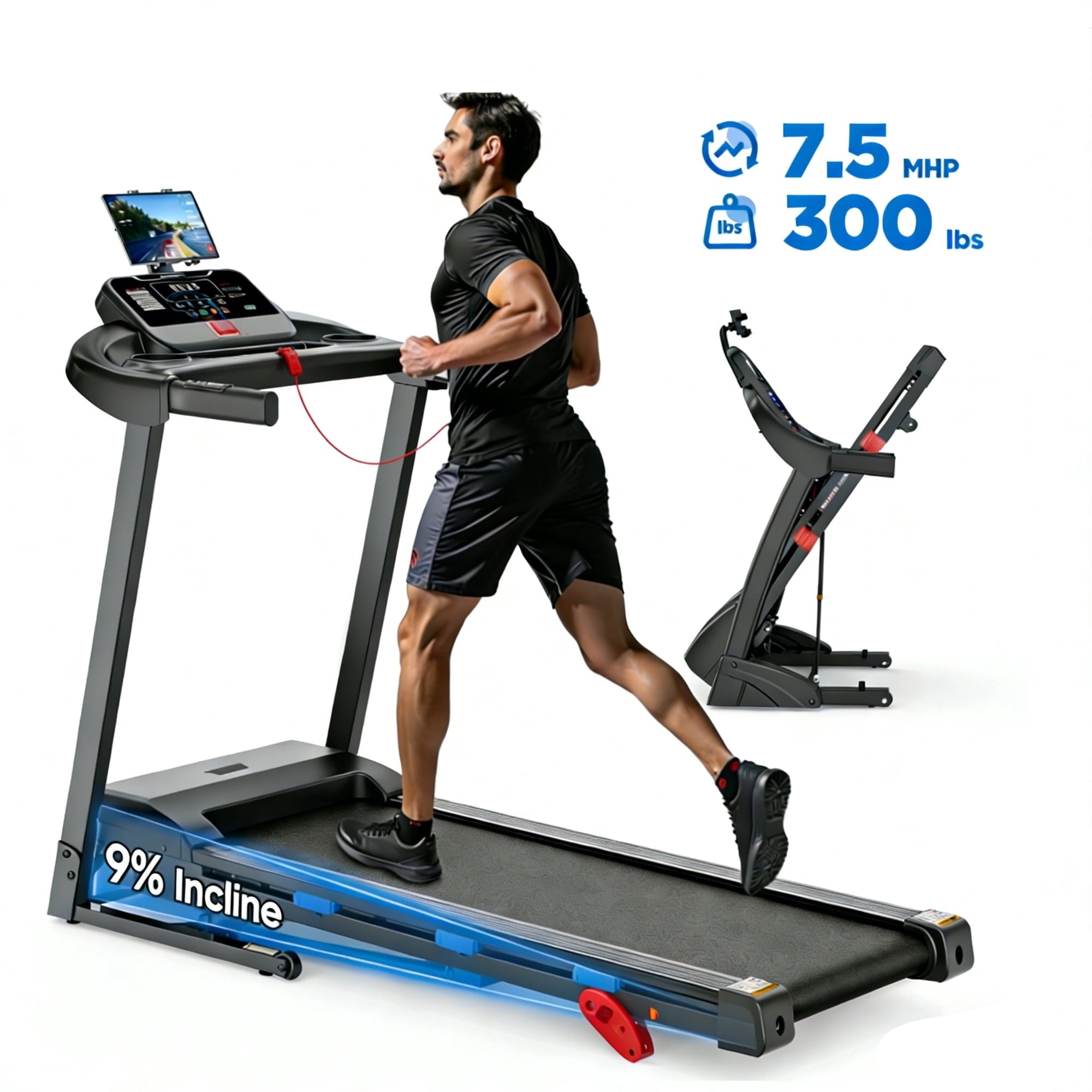 FaayFian 3HP Treadmill Manual Incline, Folding Treadmill for Home with LCD Monitor 300lbs 7.5 mph Speed Range, Bluetooth Speakers