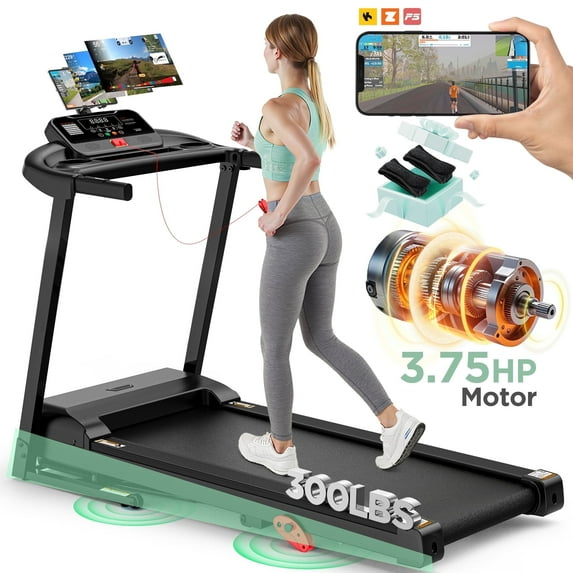 Qvamodo 300LBS Capacity Folding Treadmill w/ Incline for Home, 3.75HP Portable Treadmill, 64+3+3+1 Program, Wide Shock Absorption Belt, Walking Running Exercise Machine