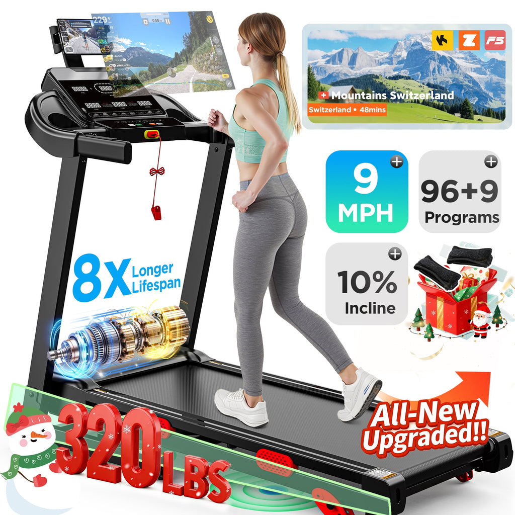 Qvamodo 300LBS Capacity Folding Treadmill w/ Incline for Home, 3.75HP Portable Treadmill, 64+3+3+1 Program, Wide Shock Absorption Belt, Walking Running Exercise Machine
