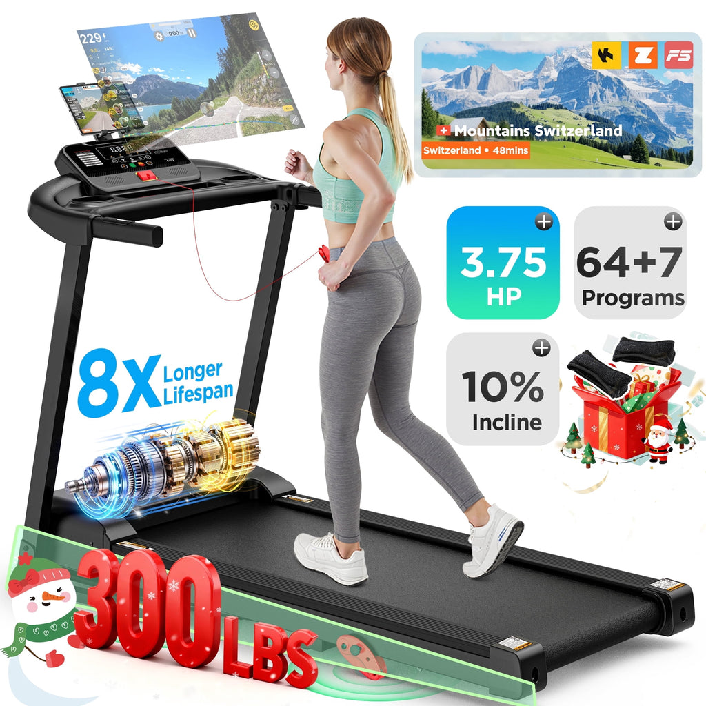 Qvamodo 300LBS Capacity Folding Treadmill w/ Incline for Home, 3.75HP Portable Treadmill, 64+3+3+1 Program, Wide Shock Absorption Belt, Walking Running Exercise Machine