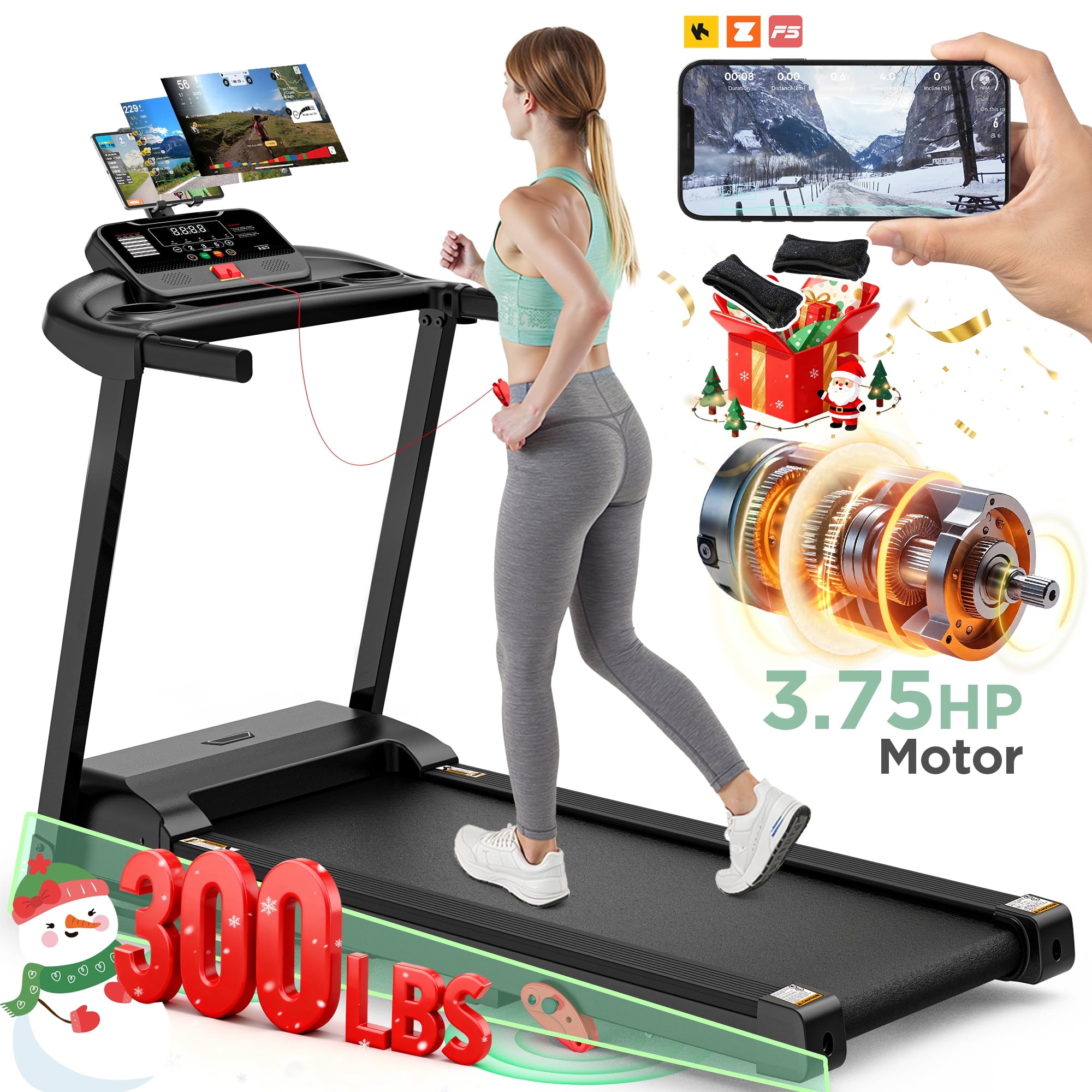 Qvamodo 300LBS Capacity Folding Treadmill w/ Incline for Home, 3.75HP Portable Treadmill, 64+3+3+1 Program, Wide Shock Absorption Belt, Walking Running Exercise Machine