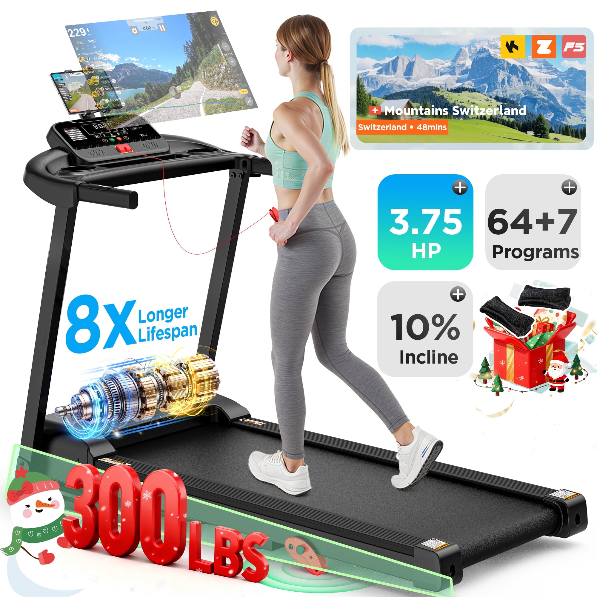 Qvamodo 300LBS Capacity Folding Treadmill w/ Incline for Home, 3.75HP Portable Treadmill, 64+3+3+1 Program, Wide Shock Absorption Belt, Walking Running Exercise Machine
