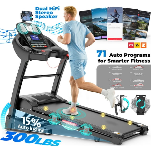 Campmoy 300LBS Capacity Treadmill, 4.75HP Folding Treadmill w/ 15% Auto Incline, 10MPH Portable Treadmill for Home Walking Running, Fun workouts w/ APP, 64+6+1 Programs, 6-point Shock Absorption System