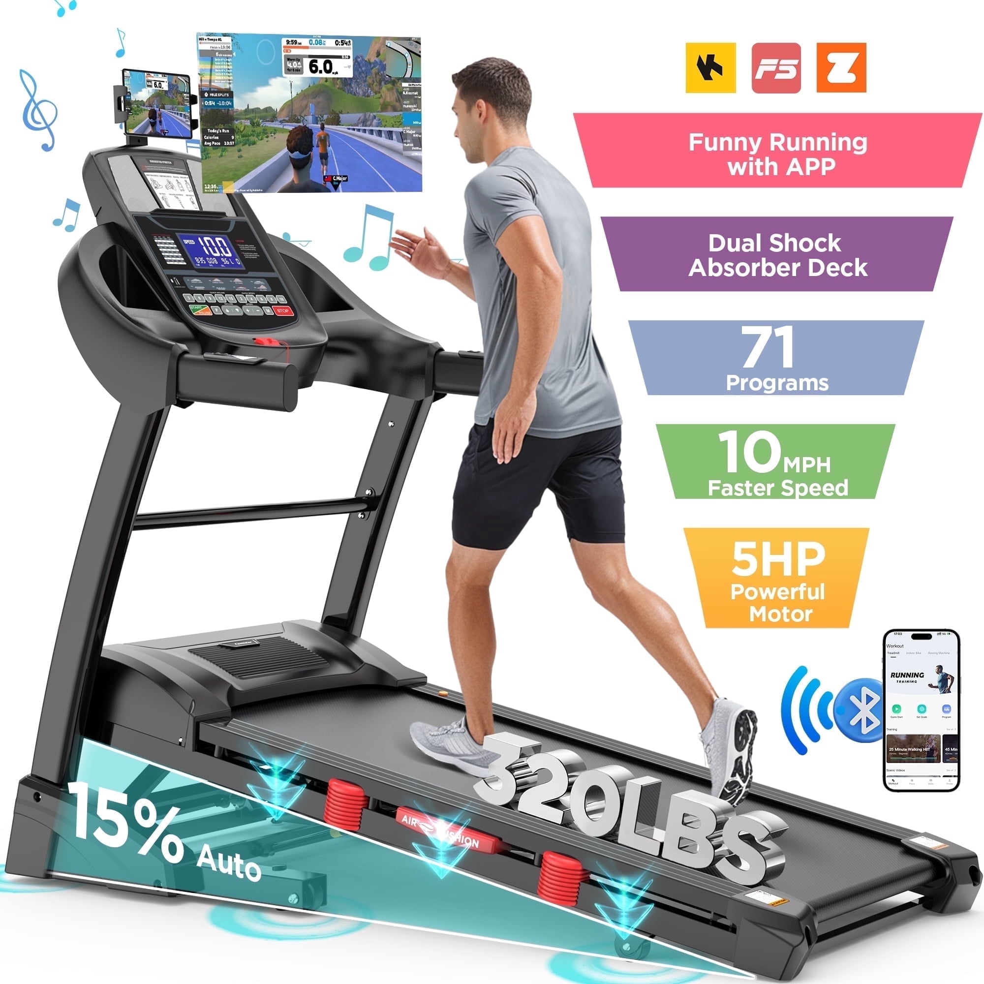 Campmoy Folding Treadmill with Auto Incline – 320 lbs Capacity, 5HP Brushless Motor, 15-Level Incline, Smart APPs Control, 10mph Speed, Dual HiFi Speakers, Compact Home Treadmill for Running