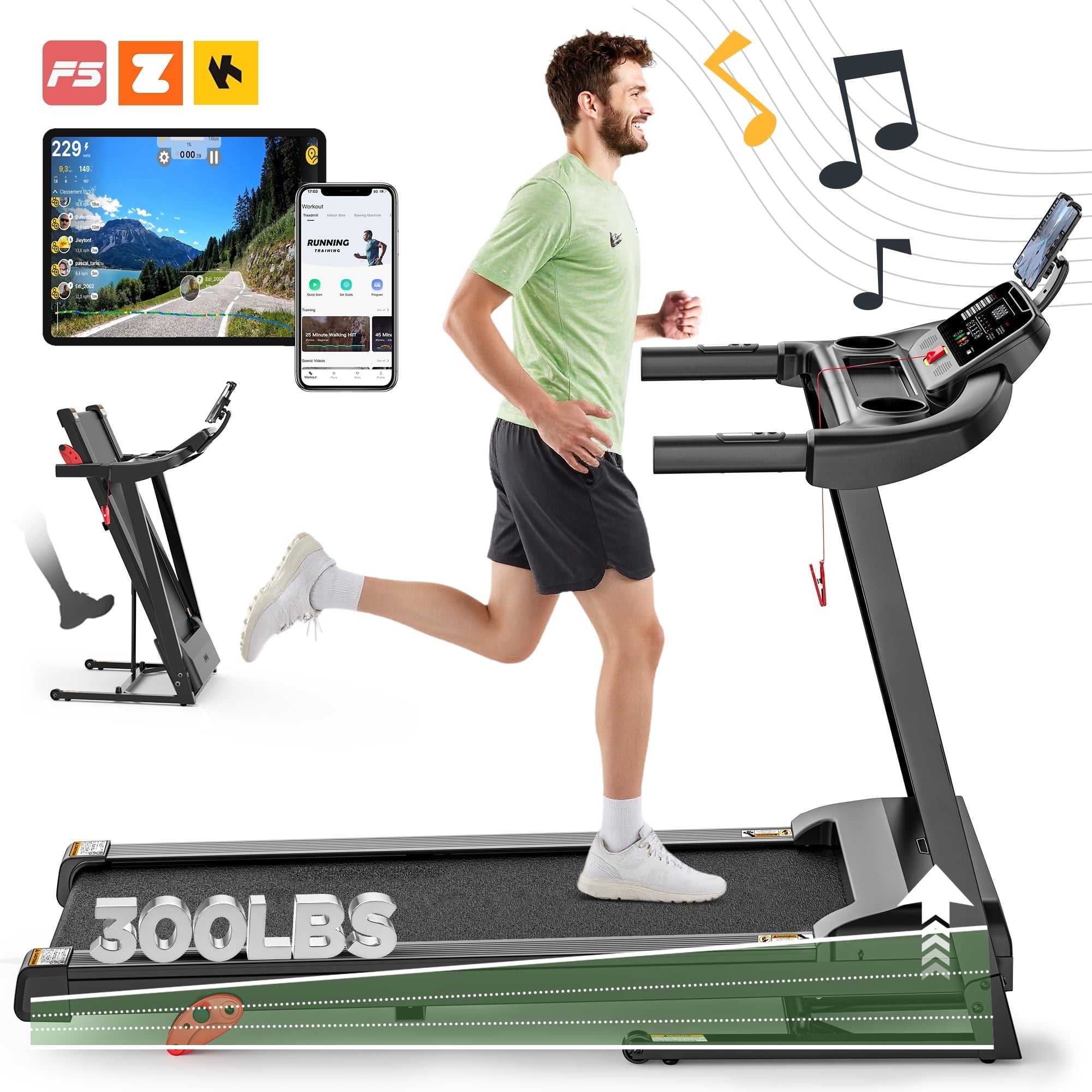 Campmoy 300lbs Capacity Foldable Treadmill for Home, 3.0HP Incline Treadmill, 64+7 Program, Portable Exercise Treadmill, 7.5MPH,Shock-Absorbing 5-layer Running Belt, Free Jogging Walking Courses