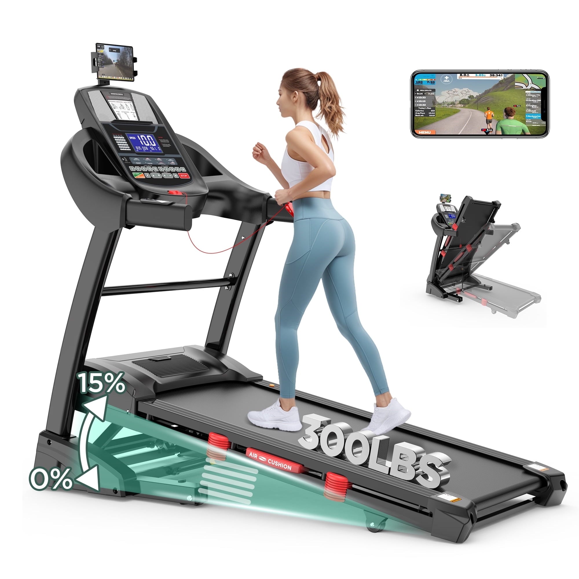 MAJUNES 300lbs Capacity Treadmill, Folding Treadmill with 15%Incline, Electric Treadmill with APP Control, 0.6-10MPH, 64+3+3+1Programs, Shock Absorption
