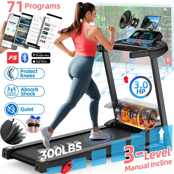 FaayFian 300lbs Folding Treadmill w/ 3HP Motor, 64+7 Programs, Incline Treadmill for Home, 7.5MPH Speed, APP Control & Bluetooth Speakers, Shock-Absorbing Running Belt, Portable Walking Jogging Treadmill