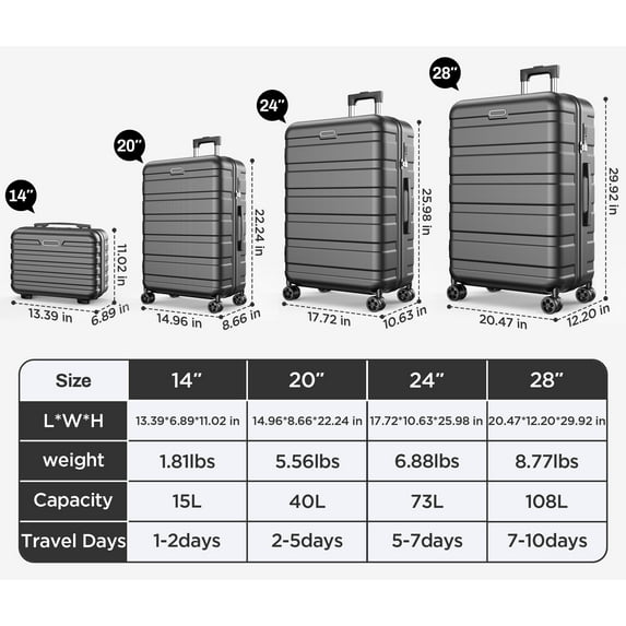 Campmoy 11 Piece Hardside Luggage Suitcase Set with 360° Double Spinner Wheels Integrated TSA-style Lock ABS Hardshell Luggage for Travel Trips Business