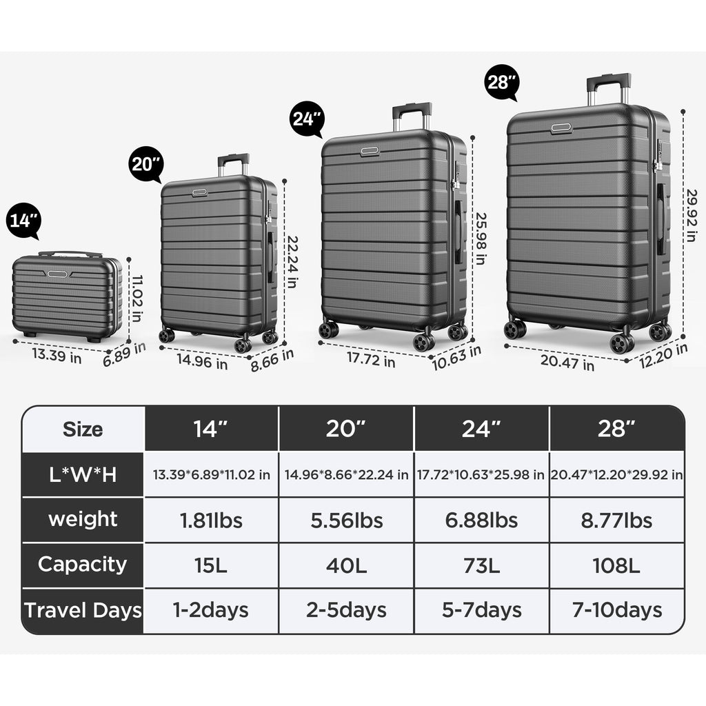 FaayFian 11PCS Luggage Set – 4 Hardside Spinner Suitcases (14”/20”/24”/28”) + 7 Packing Cubes, Lightweight Durable Travel Luggage with 360°Spinner Wheels for Family, Business, Vacation