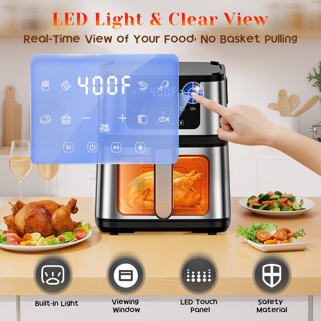 AQUGOKS 7.5QT Air Fryer with 8 Food Preset, LED Digital Touch Screen, 360° Hot Air, 95% Less Oil Healthy Cooker for Family Size, Nonstick Easy Clean Basket