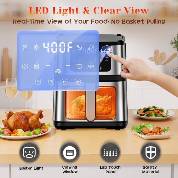 AQUGOKS 7.5QT Family-Size Air Fryer Oven – 8-in-1 Digital LED Touchscreen, 360° Rapid Air Circulatio, Detachable Grill Plate, Large Viewing Window, Nonstick Basket + 100 Liners, Up to 7 Servings