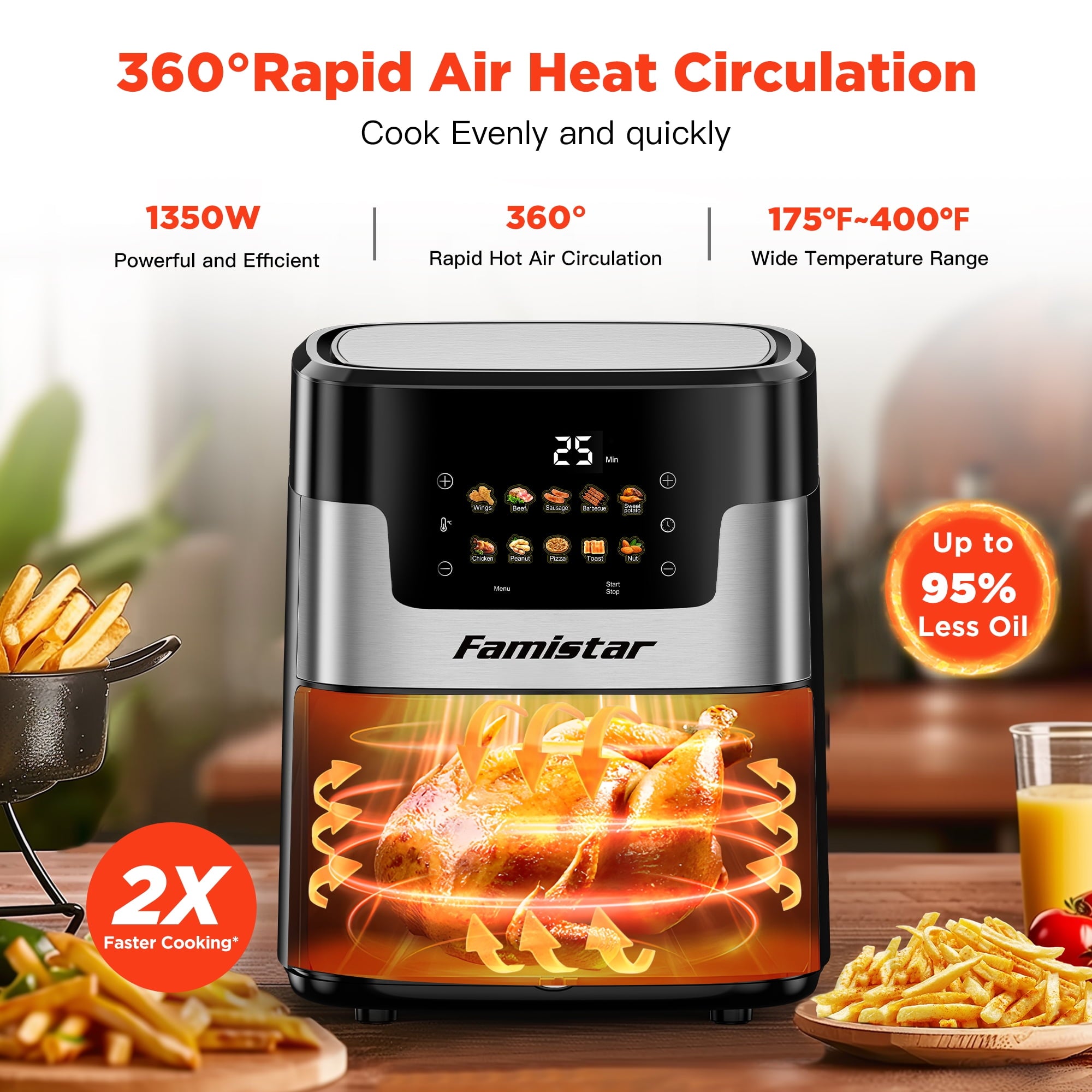 WNANEEZ 7.5 QT Digital Air Fryer Oven with Window – 10-in-1 Touchscreen Air Fryer, Nonstick Basket, 360° Air Circulation, 100 Liners Included, Easy Clean, Family Size