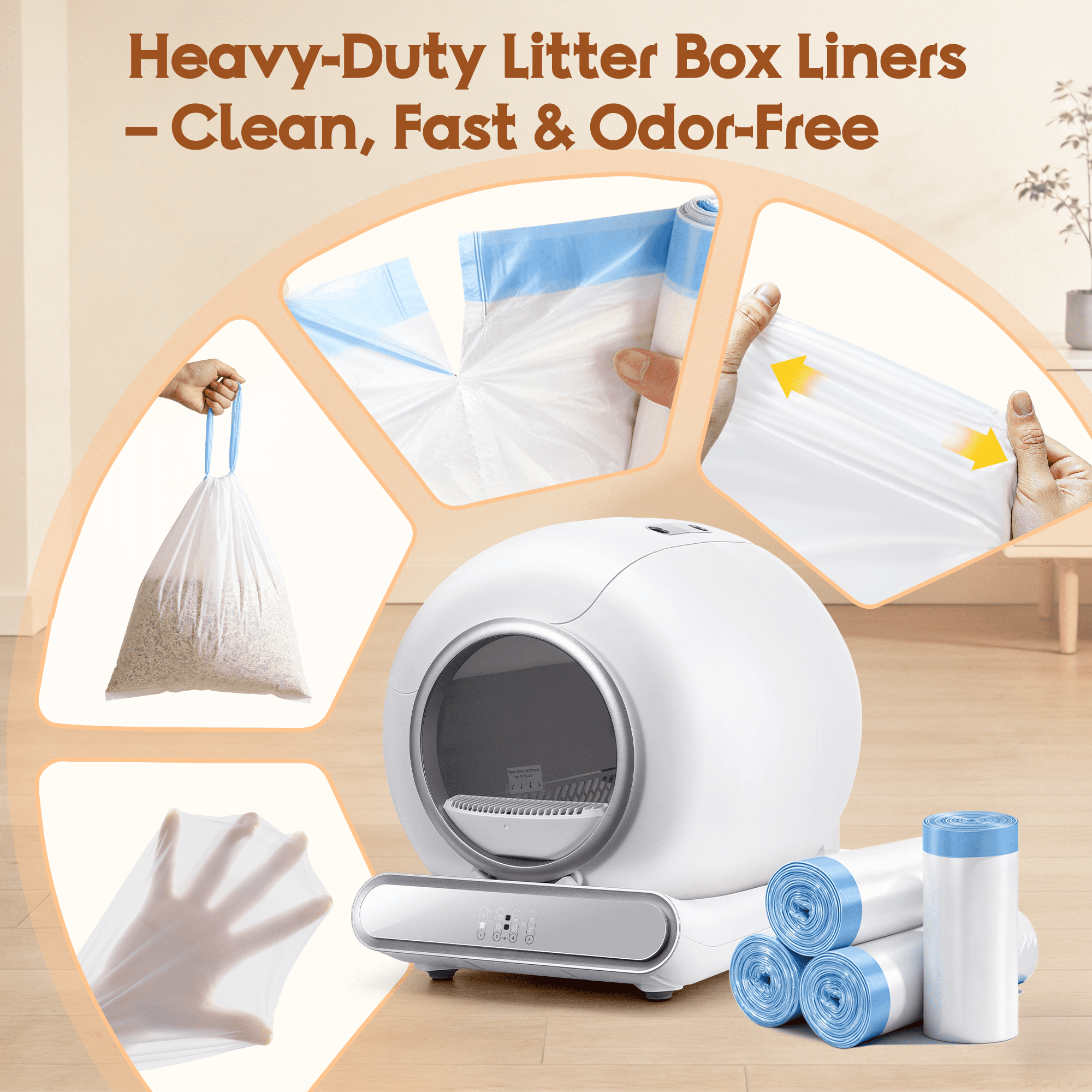 Campmoy 4 Rolls Thick Cat Litter Box Liners, 80 Count Drawstring Bags, Daily Use & Compatible with Automatic Self-Cleaning Litter Boxes, Replacement Cat Litter Box Liners, White