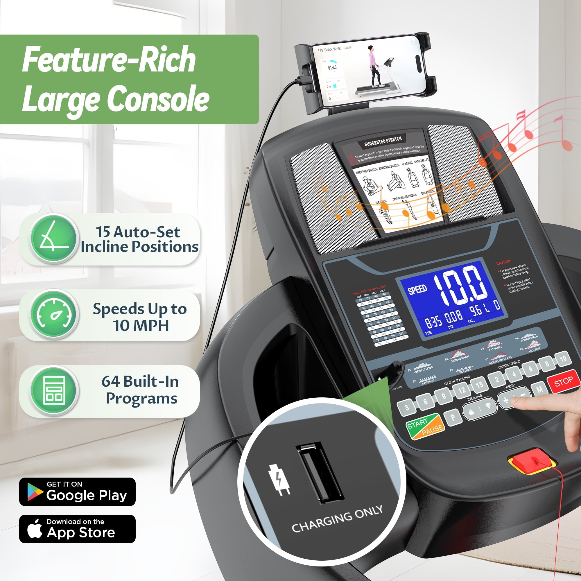 FaayFian Portable Treadmill with 300 lb for Home/Office, 10 MPH Walking Machine Treadmill with Incline up to 15%, Foldable Treadmill with Handles, Low Noise Walking, Exercise Equipment w/71 ProgramsHP