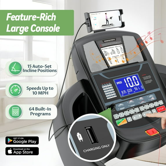 FaayFian 4.5HP Folding Treadmill with 15% Auto Incline, Treadmills for Home, Portable Treadmill 300 LBS, Powerful Motor, Shock-Absorbing Deck, 64 Preset Programs, 10 MPH, Space-Saving Design