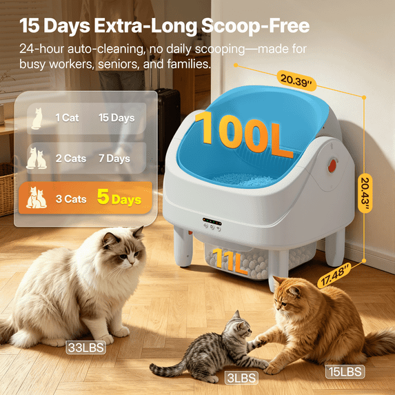 WNANEEZ Self Cleaning Cat Litter Box with 11L Waste Drawer, Open Top Automatic Cat Litter Box with APP Control, 7-Sensor Safety, Odor Control, Quiet Operation, 100L Capacity Litter Box for Multiple Cats