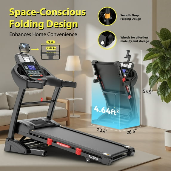 Qvamodo Treadmill for Home with 20% Auto Incline, 5.0HP Folding Treadmill 400lbs Capacity, LCD Display, 64+3+3+1 Programs, APP & Bluetooth, 0.6-12MPH