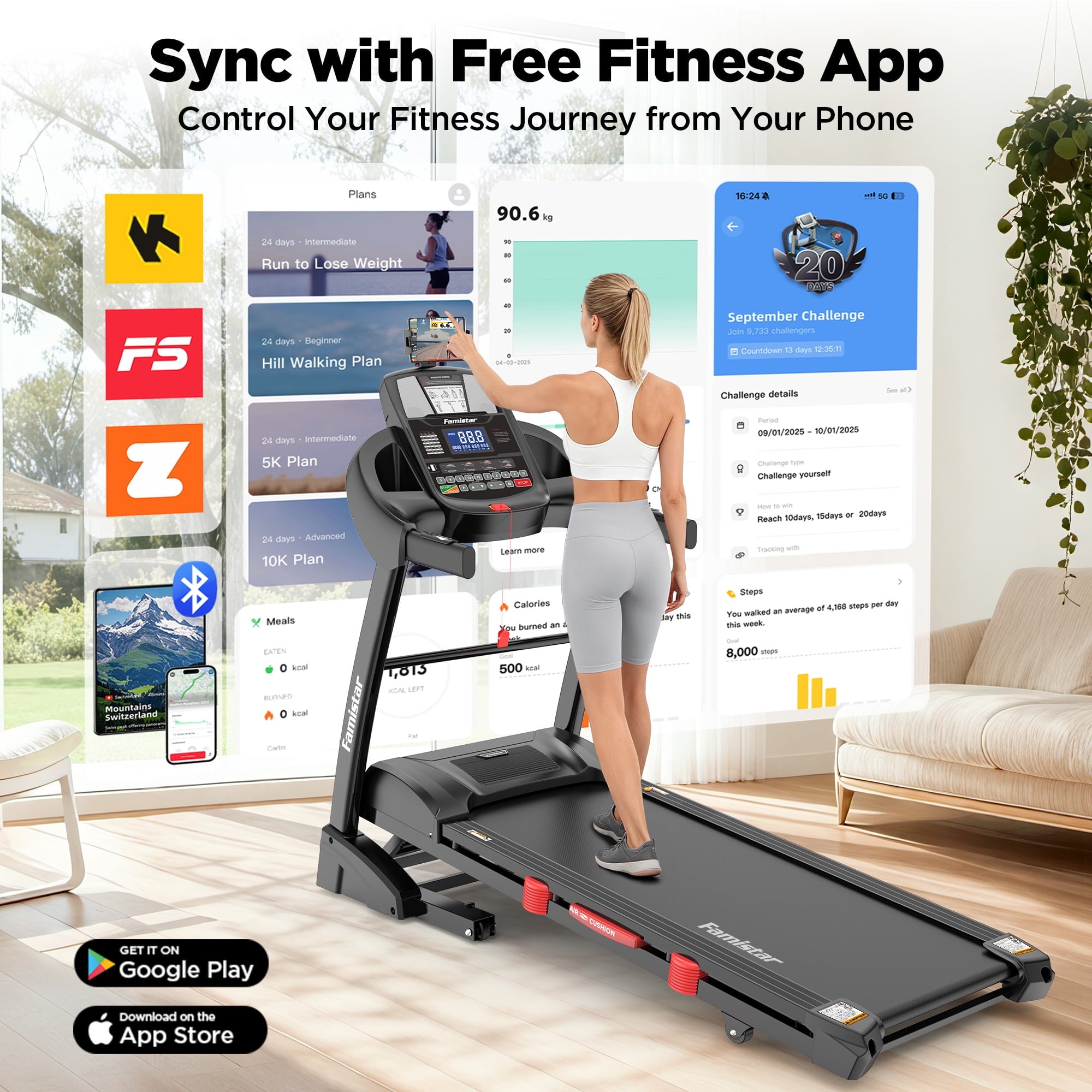 Famistar 5.0HP Folding Treadmill for Home with 20 Auto Incline, Smart APP, 300lbs, HiFi Bluetooth Speakers, 64 Programs, 12MPH Speed, Foldable Electric Treadmill Running Machine, Knee Strap Gift