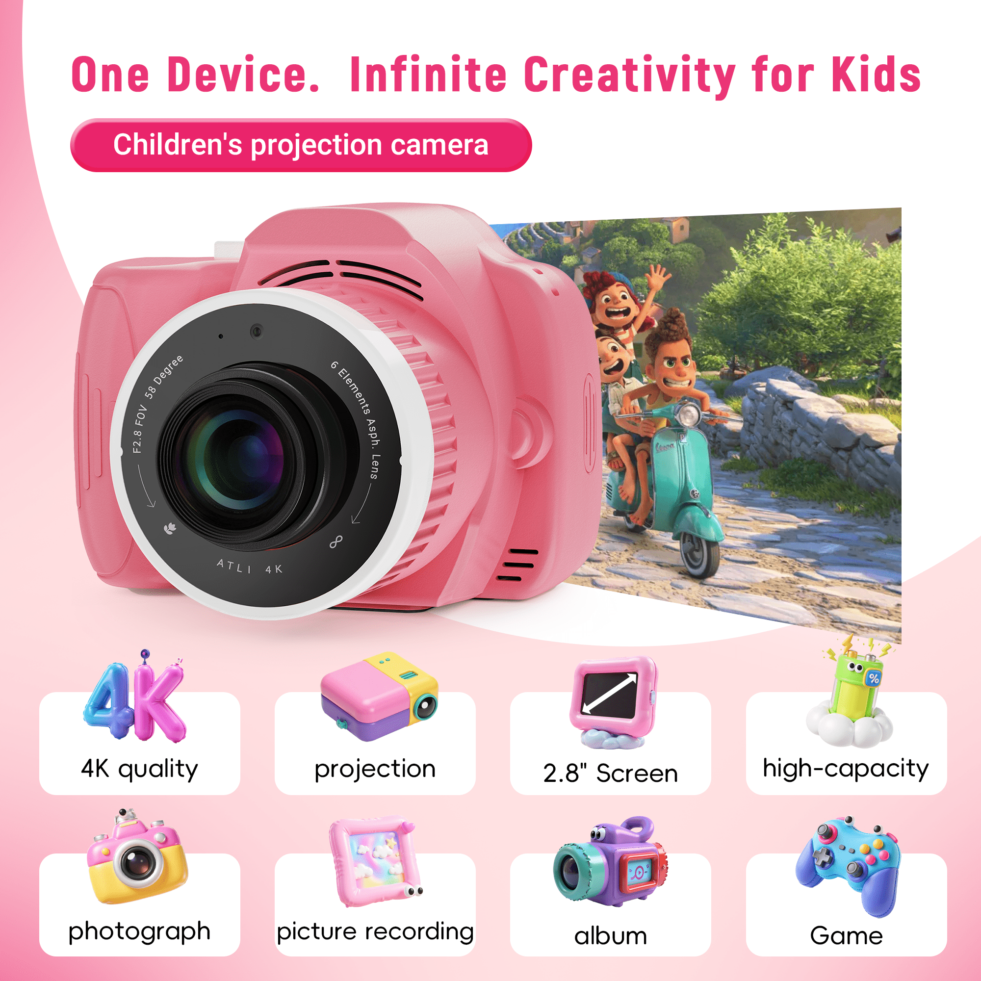 Qvamodo Kids Camera, Camera for Kids with Projector, Offers Projection,1080p Video Recording, Kids Digital Camera Birthday Gifts for Boys Girls 32GB SD Card, Music Playback, Portable Design