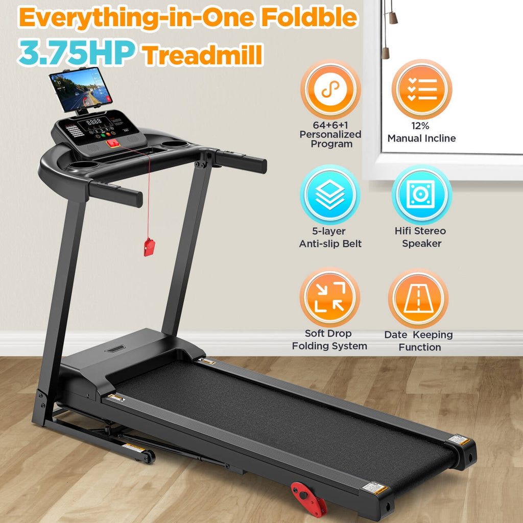 Famistar 3.75HP Treadmill 300lb Capacity, Incline Folding Treadmill, 64+7 Smart Program, 7.5MPH Speed, Smart APP Control, Treadmill for Home Jogging Walking w/ HiFi Speakers, Free Knee Pads
