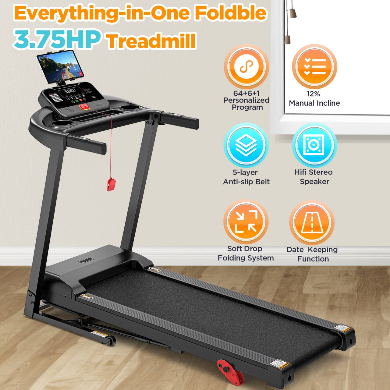 Famistar 3.75HP Treadmill 300lb Capacity, Incline Folding Treadmill, 64+7 Smart Program, 7.5MPH Speed, Smart APP Control, Treadmill for Home Jogging Walking w/ HiFi Speakers, Free Knee Pads