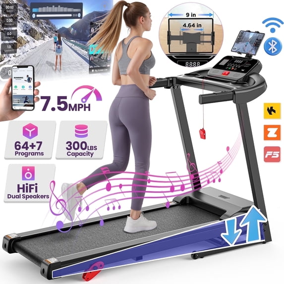 Campmoy 3HP 300lb Capacity Treadmill with 64+3+4 Program, 3 Adjustable Incline, Folding Treadmill for Home Running & Jogging, 10MPH Speed, HiFi Bluetooth Speakers