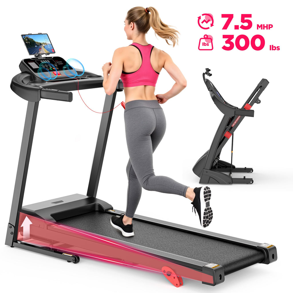 Campmoy 3HP Folding Treadmill for Home, 300 Lbs Capacity, 9° Adjustable Incline, LED Display, 64 Programs, Bluetooth Speakers, FitShow APP Control, Compact Walking Running Machine, Knee Strap Gift