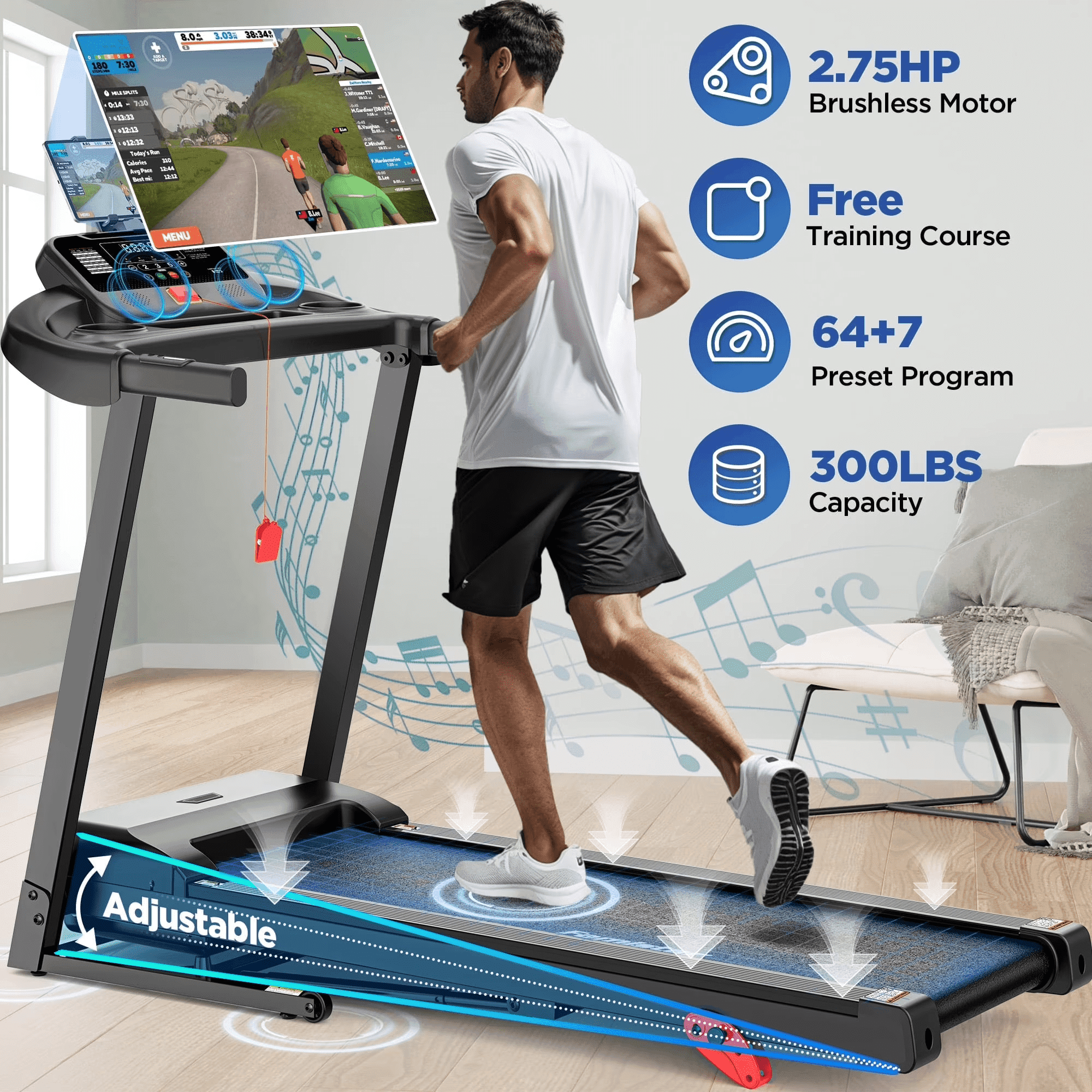 Campmoy 3HP Incline Treadmill w/ 300lb Capacity, Folding Treadmill for Home, 71 Workout Programs, 3 Incline Levels, Bluetooth Dual Speaker & Smart APP Control, Portable Exercise Treadmill Walking Jogging