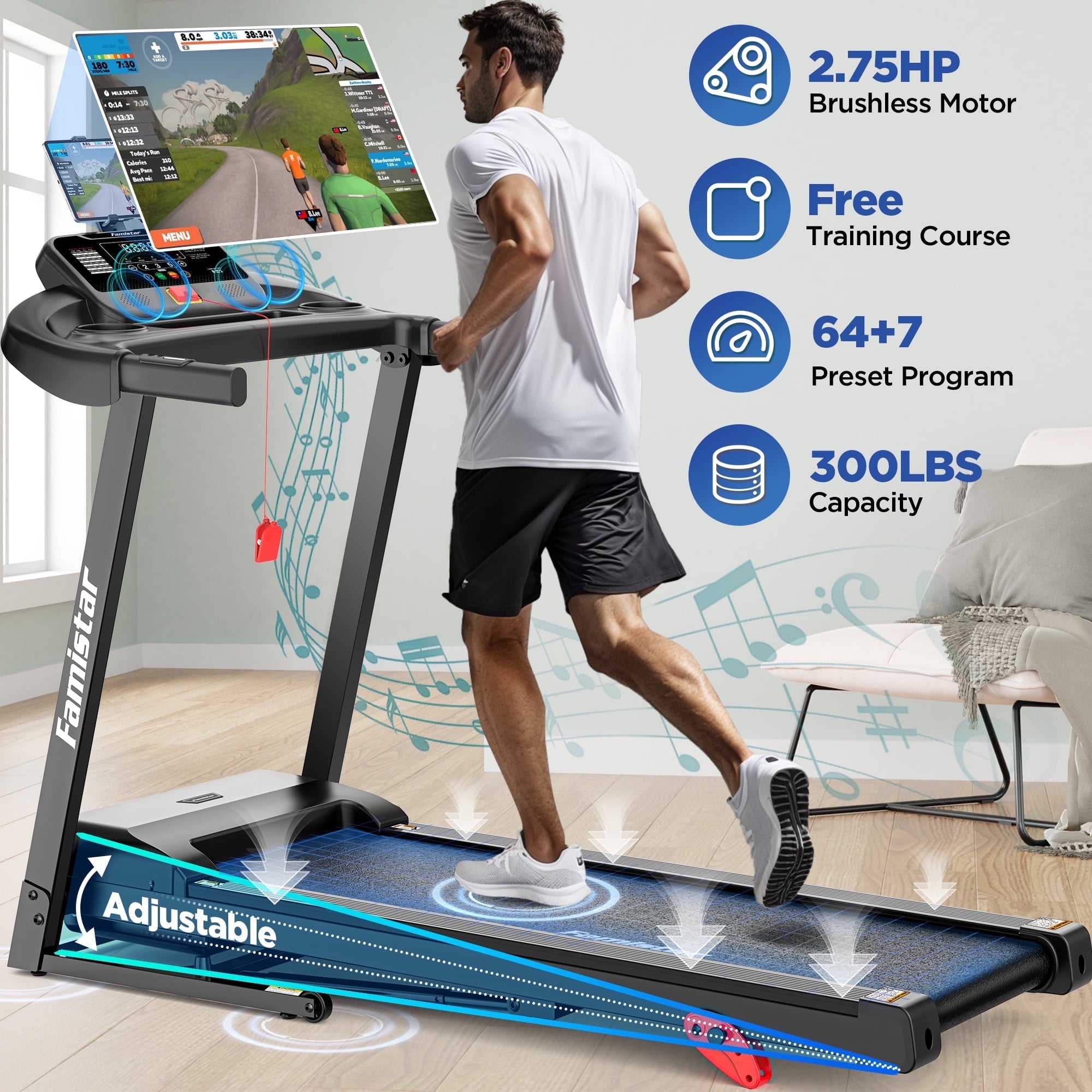 Campmoy 3HP Incline Treadmill w/ 300lb Capacity, Folding Treadmill for Home, 71 Workout Programs, 3 Incline Levels, Bluetooth Dual Speaker & Smart APP Control, Portable Exercise Treadmill Walking Jogging