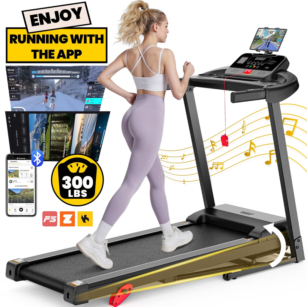 Campmoy 3HP Incline Treadmill w/ 300lb Capacity, Portable Folding Treadmill for Home w/ Bluetooth Dual Speakers, 64+6+1 Programs, Virtual Run w/ Multi APP, Exercise Equipment Treadmill for Walking Jogging
