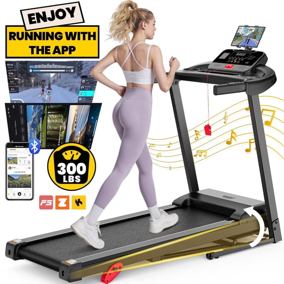 Campmoy 3HP Incline Treadmill w/ 300lb Capacity, Portable Folding Treadmill for Home w/ Bluetooth Dual Speakers, 64+6+1 Programs, Virtual Run w/ Multi APP, Exercise Equipment Treadmill for Walking Jogging